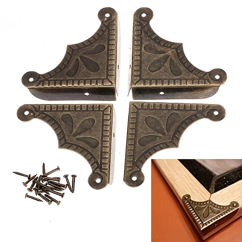 8Pcs Furniture Fittings Antique Corner Bracket Jewelry Gift Box Wood Case Decorative Feet Leg Corner Decorative Protector +Nails view 4