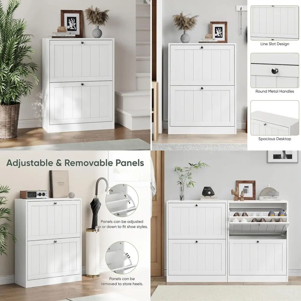

White 23.6 Flip Drawer Shoe Cabinet - Grooved Design Storage for Entryway & Living Room