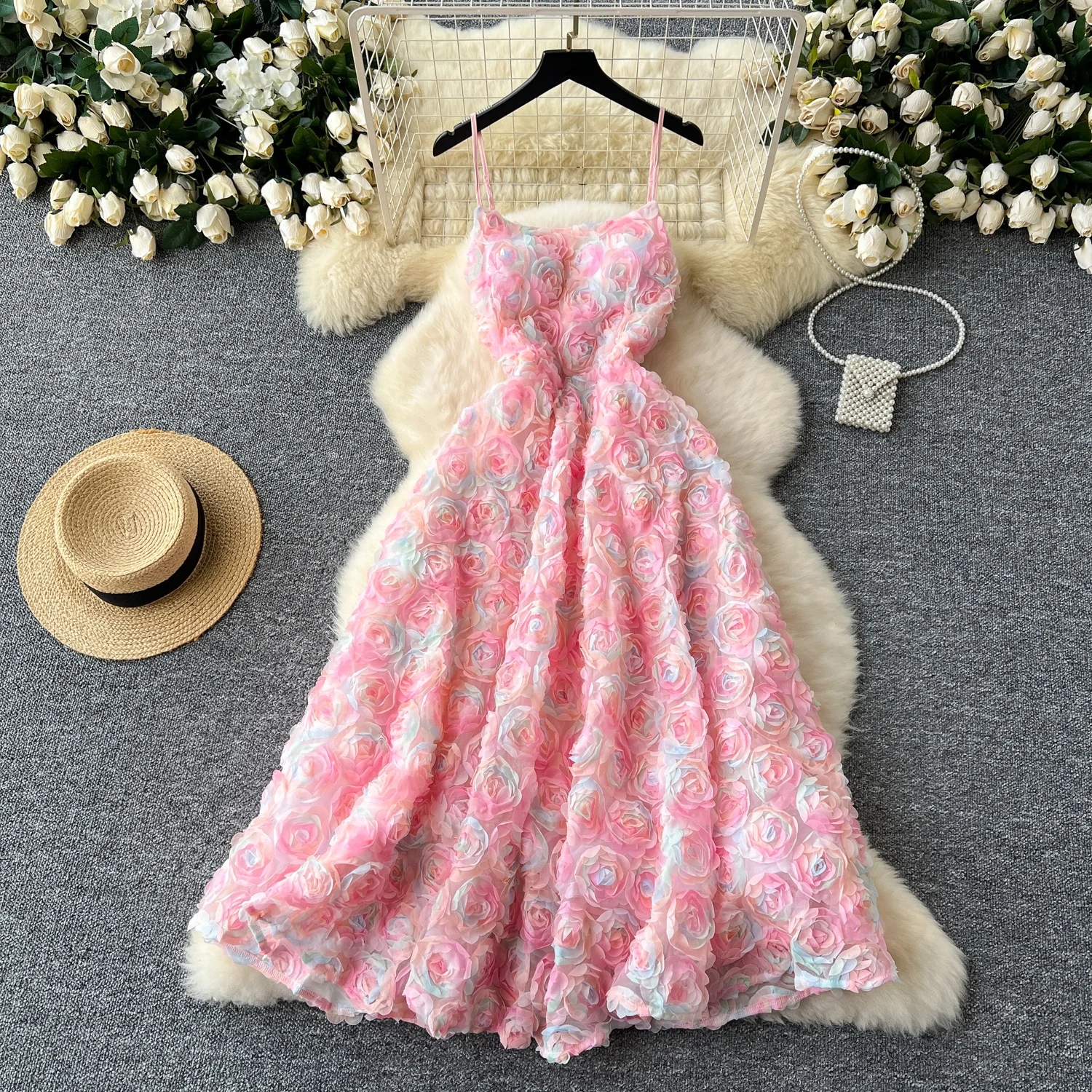 Clothland Women Sweet Floral Pink Dress Spaghetti Straps Sleeveless Zipper One Piece Party Club Event Midi Dresses QD768