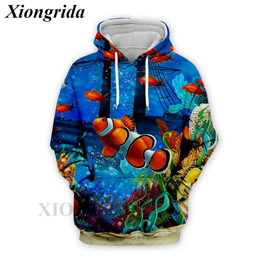 Novelty Clown Fish 3d Hood Men Casual Long Sleeve Tropical Fish Print Hoodies Harajuku Fashion Sweatshirt Streetwear Unisex Top