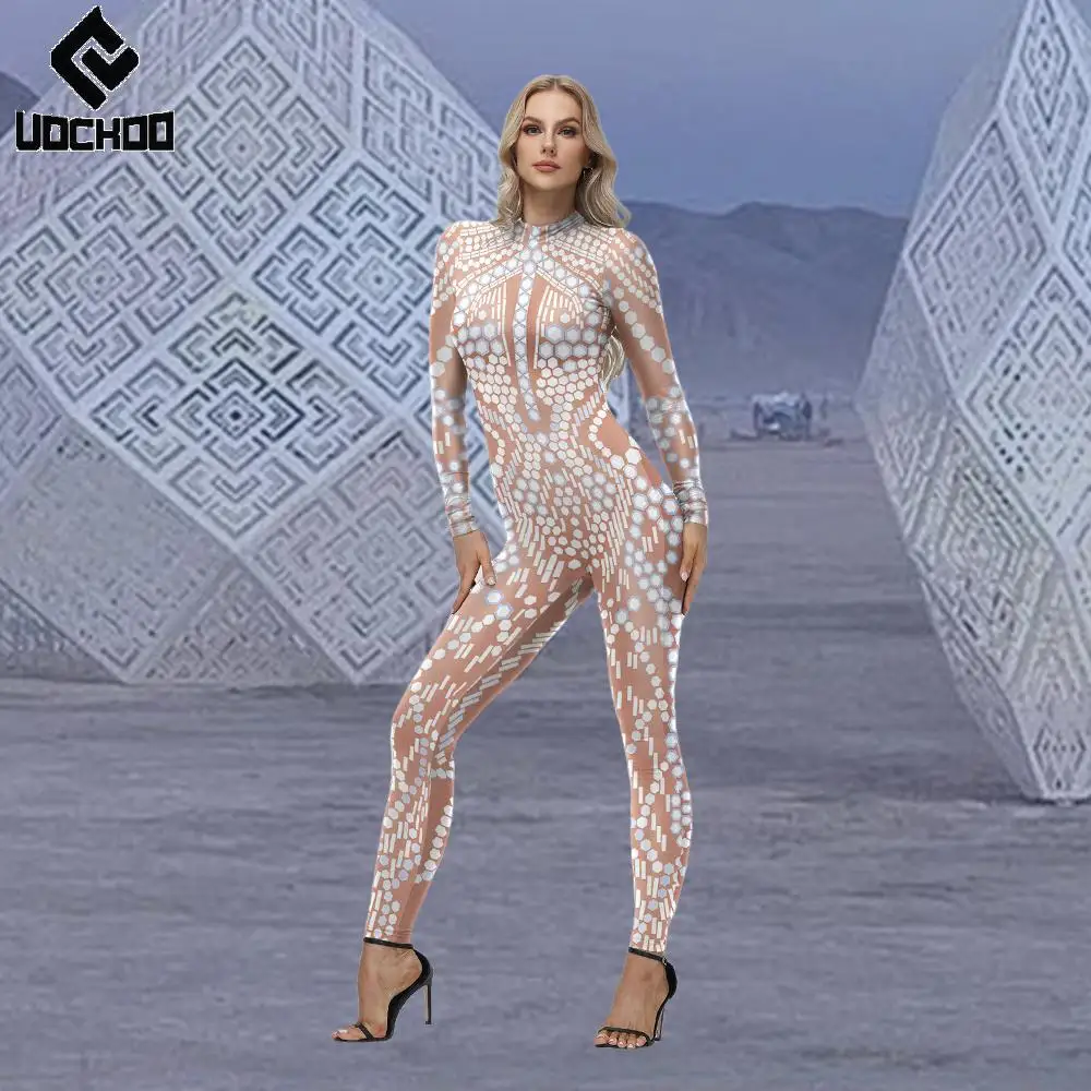 

Fashion Jumpsuits Carnival Women Cosplay Costume Burning Man 3D Printing Pearl Pattern Bodysuits Long Sleeve Zipper Party Outfit
