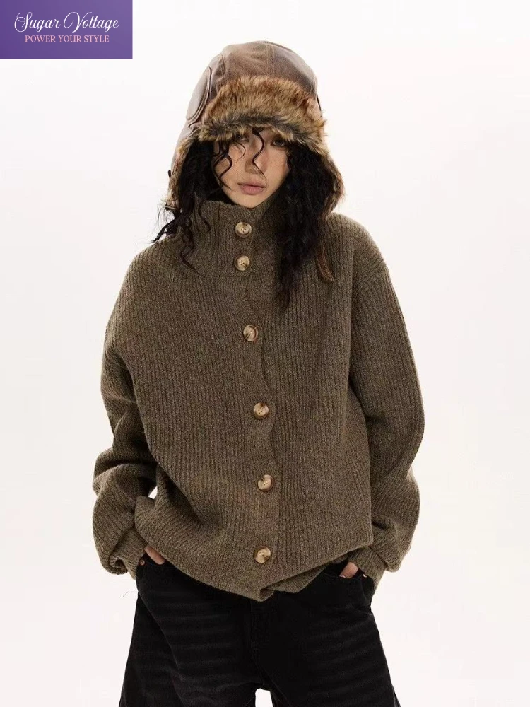 

Винтажная уличная одежда 2000-х годов, вязаный кардиган с высоким воротом, женский свободный свитер в американском стиле ретро, повседневная теплая осенне-зимняя верхняя одежда Y2K