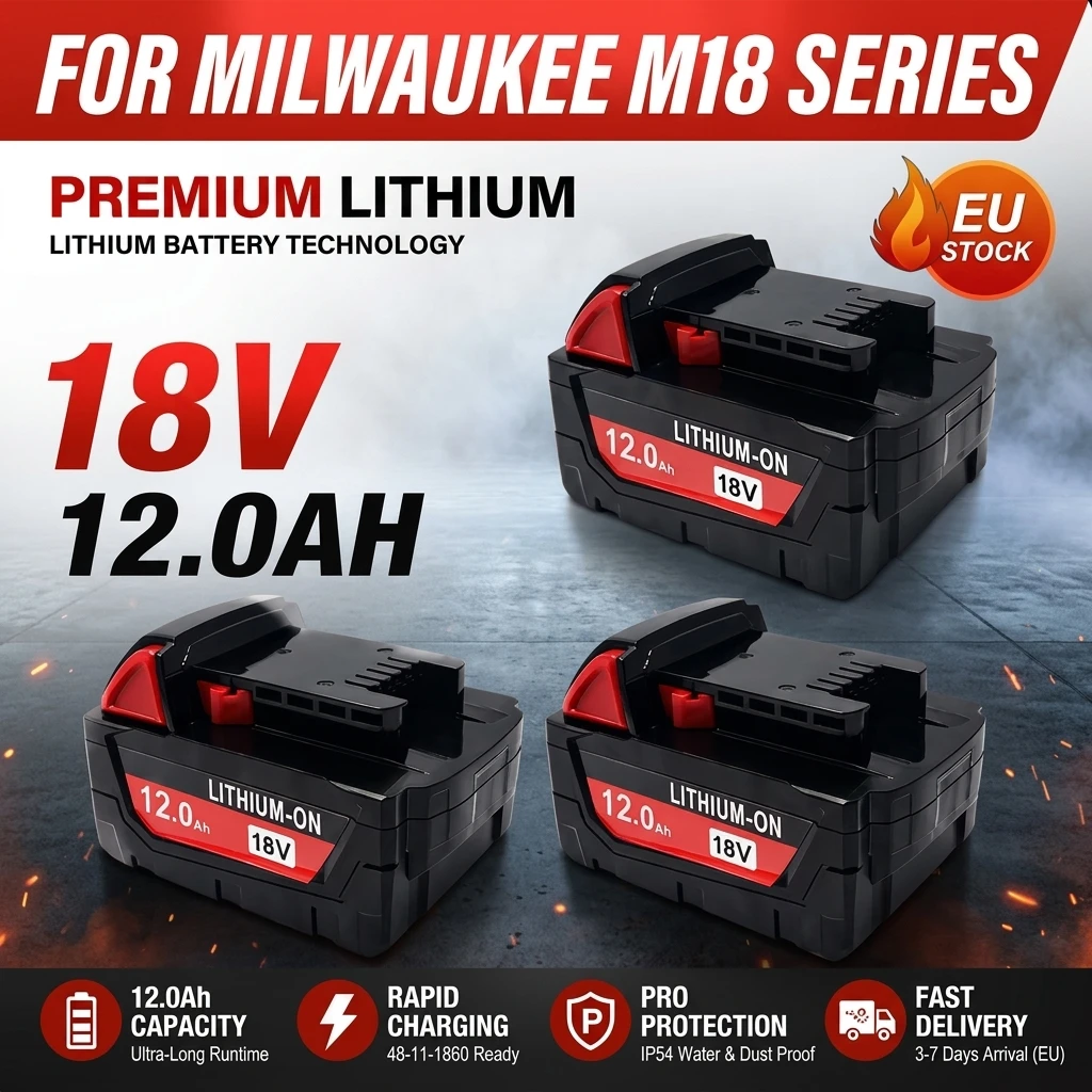 Image of Hochleistungs-12000mAh 18V Li-Ion Ersatzakku für Milwaukee M18 kabellose Elektrowerkzeuge, kompatibel mit 48‑11‑1890 48‑11‑1850, wiederaufladbarer Ersatzakku.