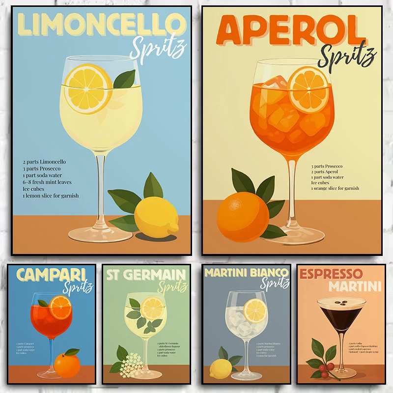 Retro italiano cóctel Germain Limoncello Aperol Spritz receta Bar carrito bebida cartel lienzo pintura pared arte imagen decoración del hogar