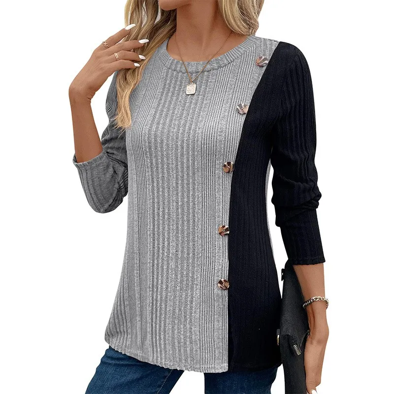 

Women's T-Shirts Clothing Stripe Button Decor Femme Tops Commuter Elegant Long Sleeve Contrast Color Shirt Top For Autumn Winter