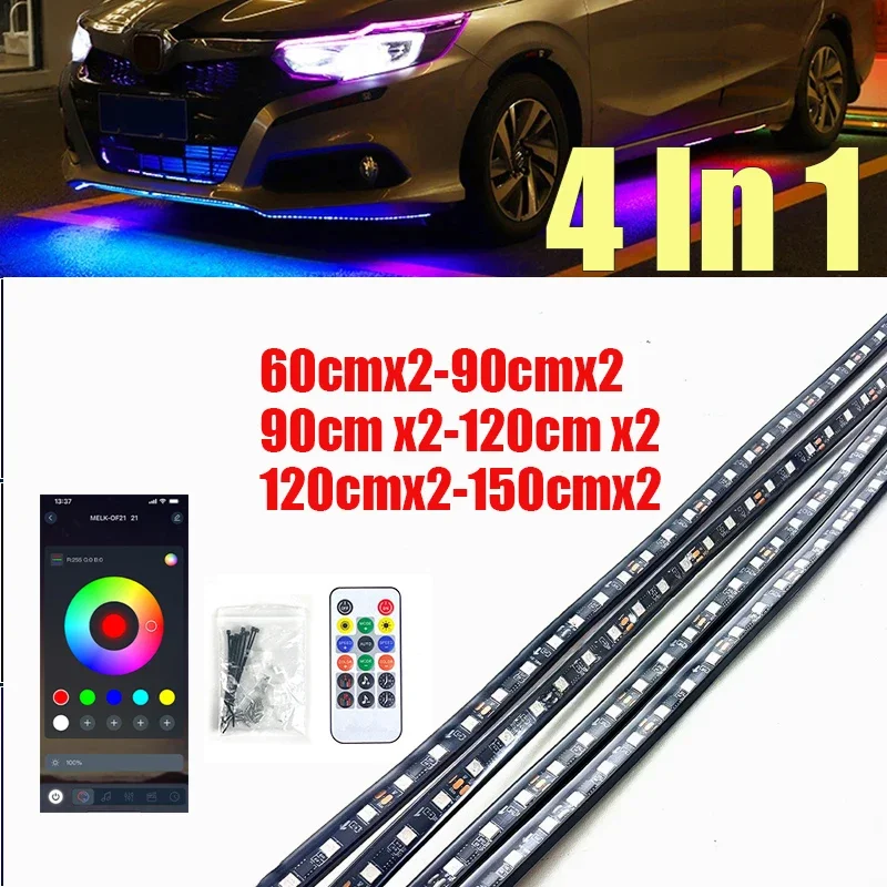 4 in 1 Car Under Glow Kit RGB Chasing LED Neon Underbody IP68 Waterproof RGBIC Underglow Light for Car Atmosphere Lamps