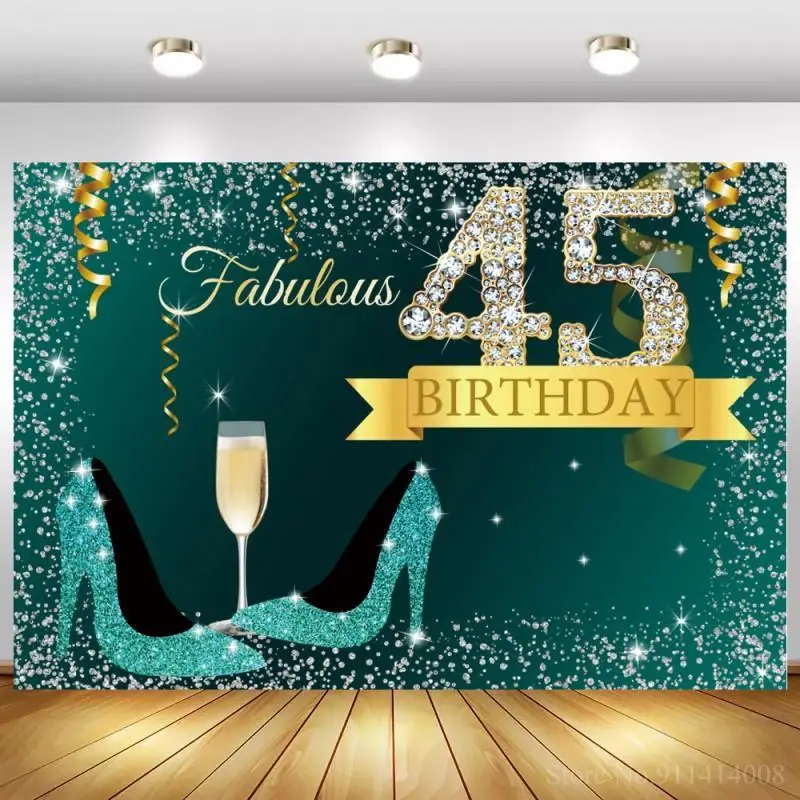 Fabulous 35th 45th 55th Women Birthday Party Backdrops Photography Emerald Green Glitter Silver Diamond Wine Table Backgrounds