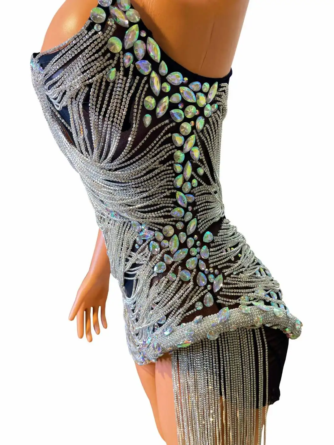 Kobiety Fantasy Sparkly Rhinestone Fringe Sexy Birthday Wedding Party Dress Prom Drag Queen Costume Outfit Stage Wear