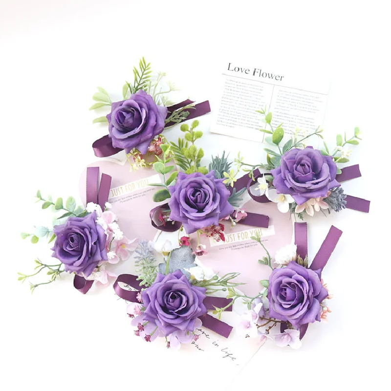 Boutonniere e corpetto da polso forniture per matrimoni ospiti per banchetti fiori simulati fiori per la mano dello sposo e della sposa viola