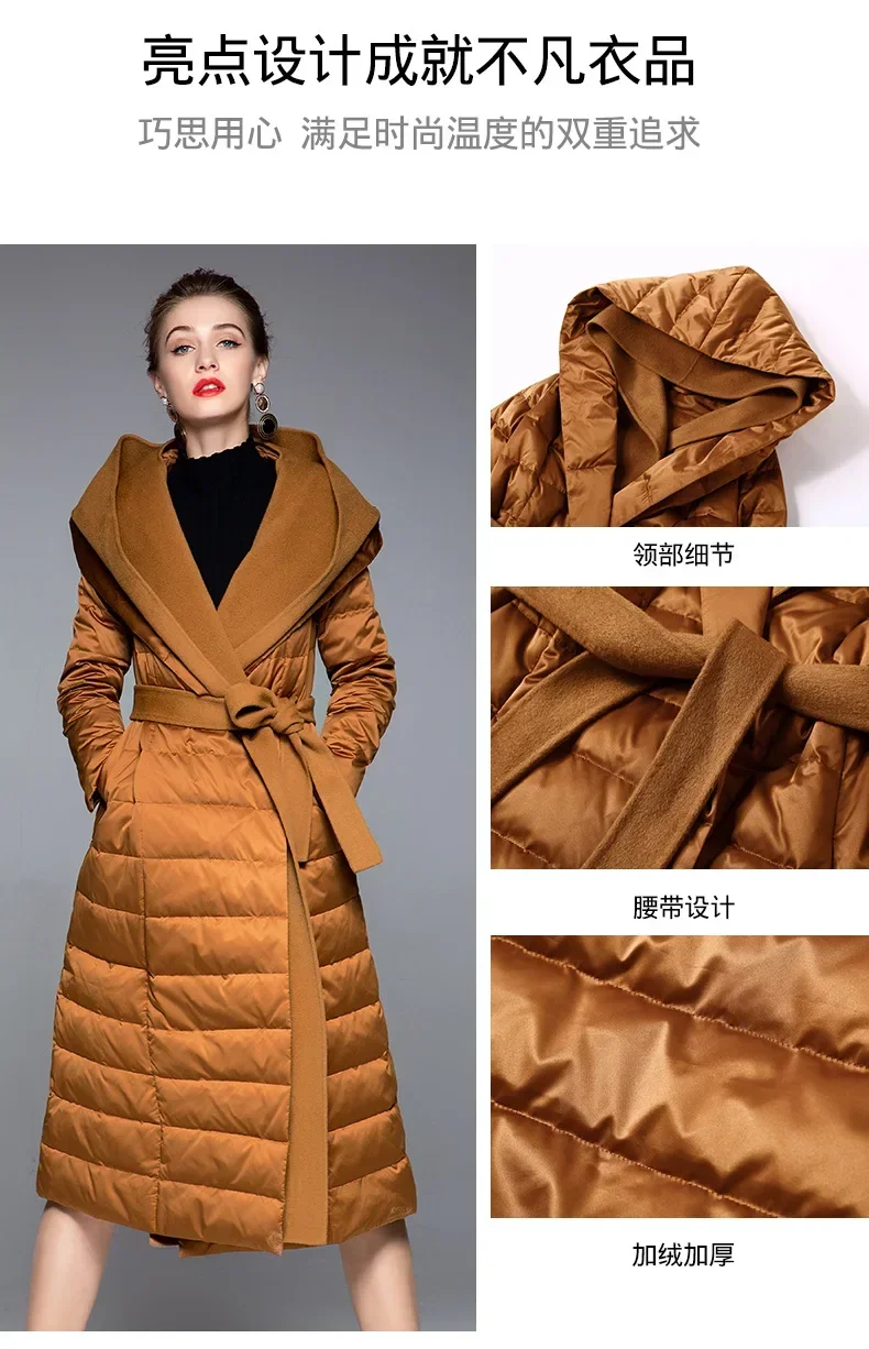 2024 Winter European Women Down Jacket White Duck Down Long Coat Fashion Hooded Warm Coat