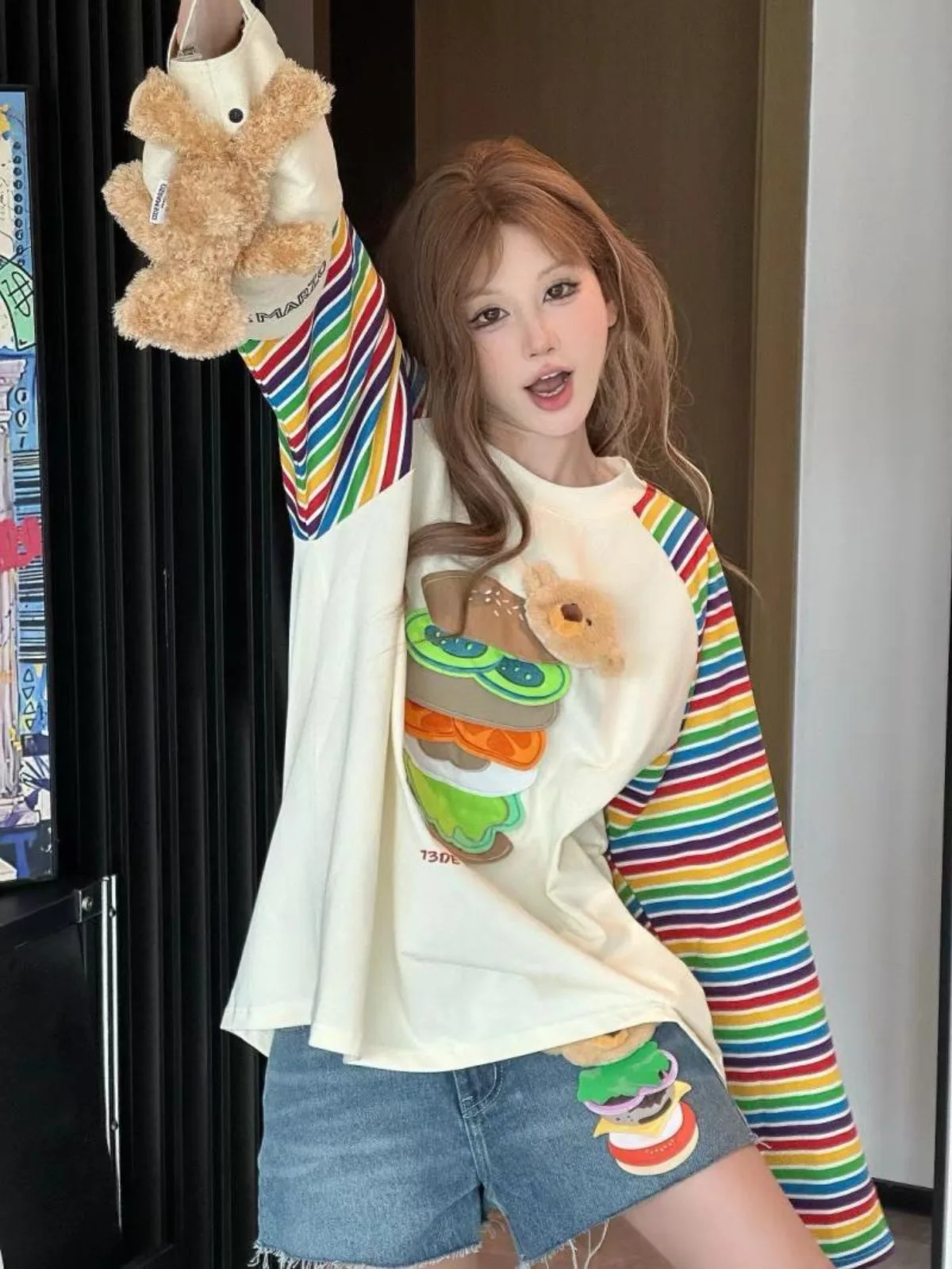

2025 Summer Long Sleeve Striped T-Shirts Women Basic Hamburger Pattern Casual Tops Female Cozy Loose Tees Harajuku T Shirt New