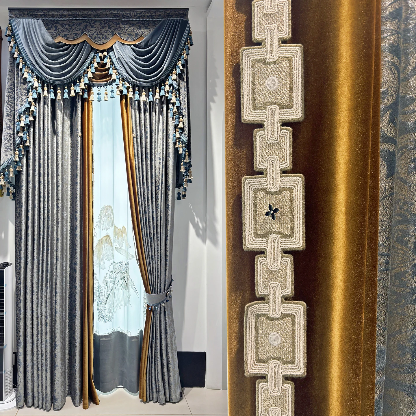 European luxury  thick Velvet retro livingroom blue yellow lace embroidered cloth blackout curtain tulle valance drape M1785