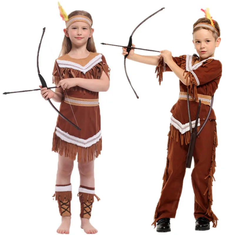 Halloween Costumes Kids Child Indian Princess Native Archer Huntress Chief Costume Girls Boys Purim Mardi Gras Cosplay