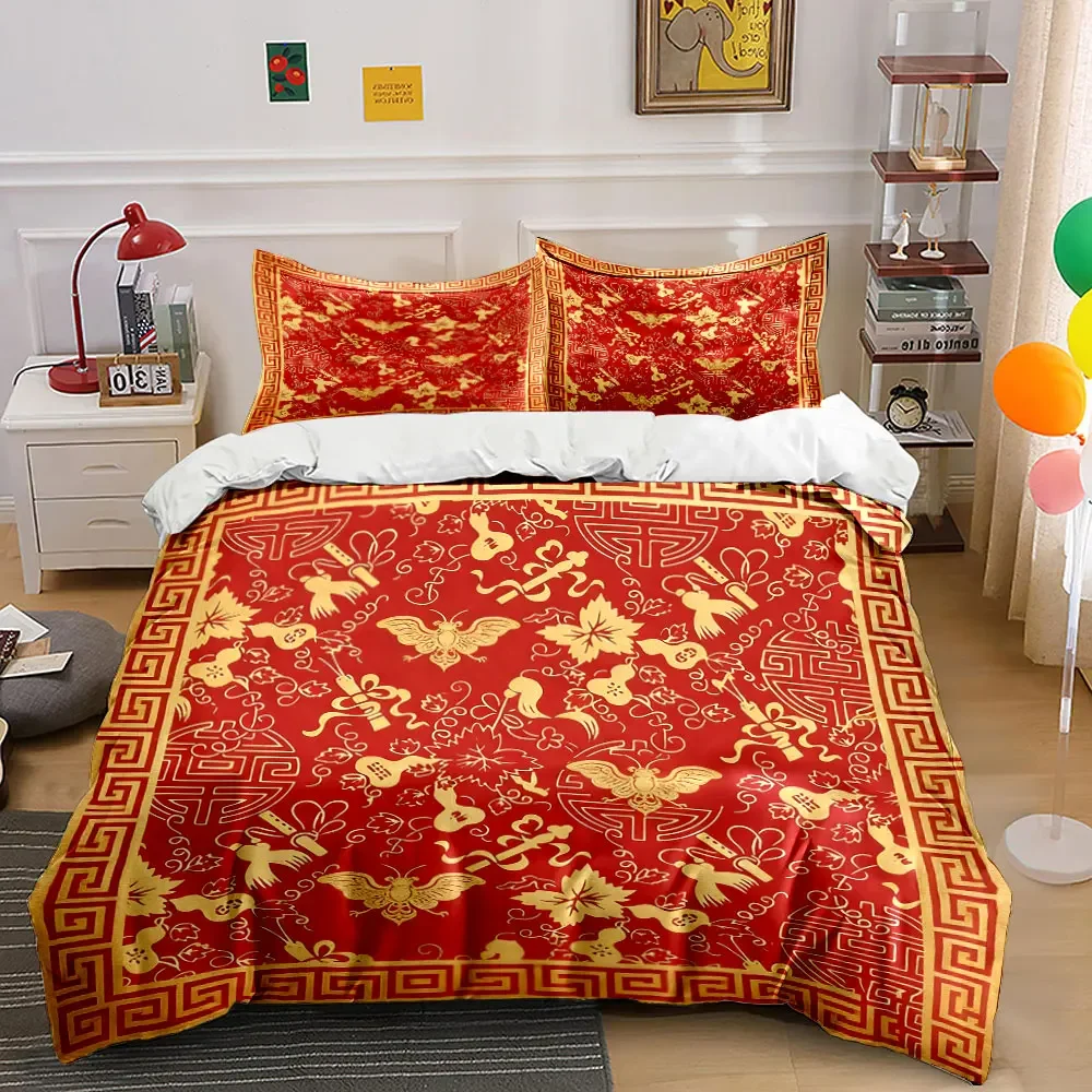 Traditional Red Pattern Set,Festive Decor Soft Comfortable Duvet Cover Bedding Set Included 1*Duvet Cover & 2*Pillowcases,gift