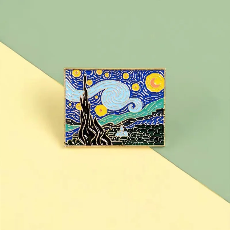 Van Gogh Oil Painting Brooch Personalized Sun Moon and Starry Sky Cartoon Creative Metal Badge Brooch Accessories