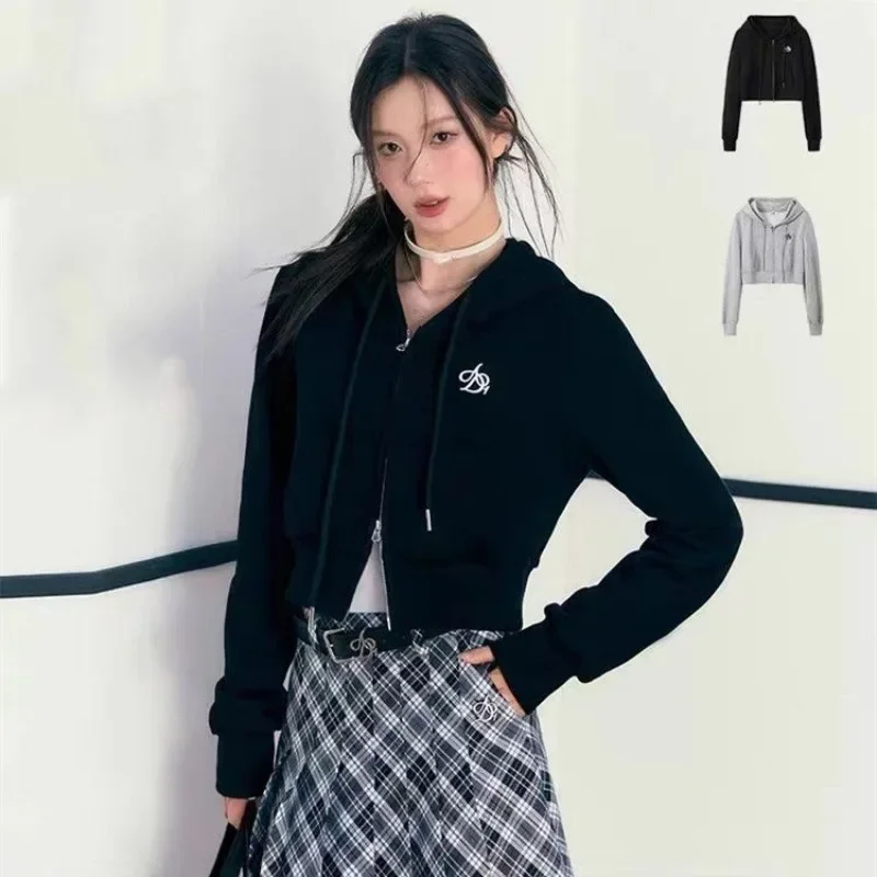 

Embroidery Hooded Sweatshirts High Waist Casual Zipper Coats Preppy Style Y2k Sudadera Mujer Drawstring Women Short Tops