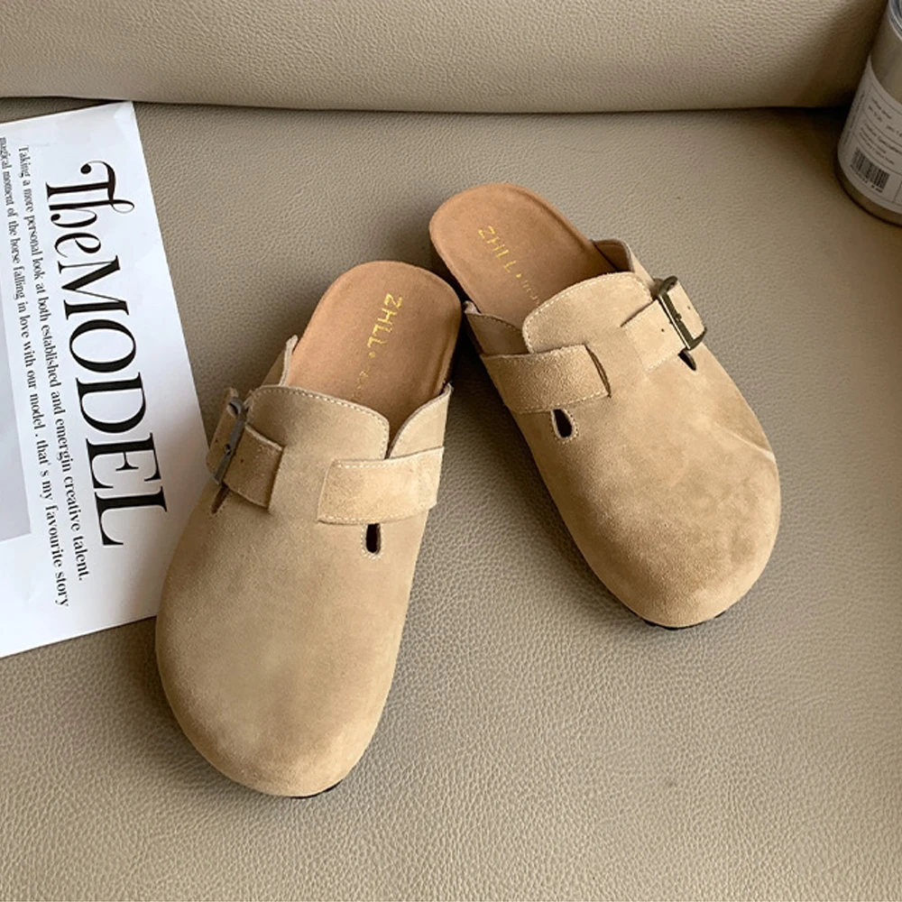 Fashion Women's Suede Mules Slippers Clogs Cork Insole Sandals With Arch Support Outdoor Beach Slides Home Shoes