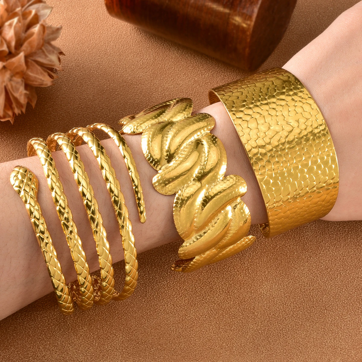 Stainless Steel Open Cuff Bracelet for Women 3 Styles Snake Hammered Twisted Wide Statement Bangle 18K Gold Plated Jewelry Gift