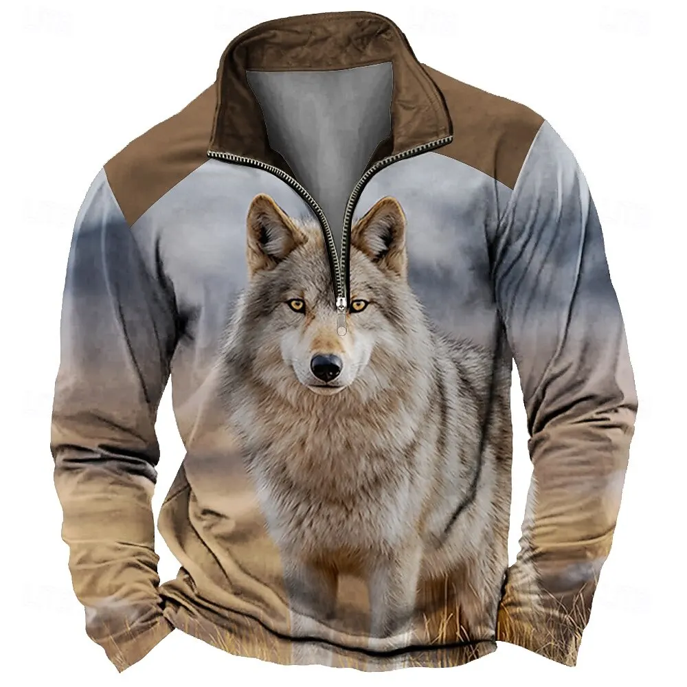 

3D Print Animal Wolf Pattern Zipper Sweatshirt Men's Casual Long Sleeve Half Zip Collar Pullover Autumn Winter Loose Man Clothes