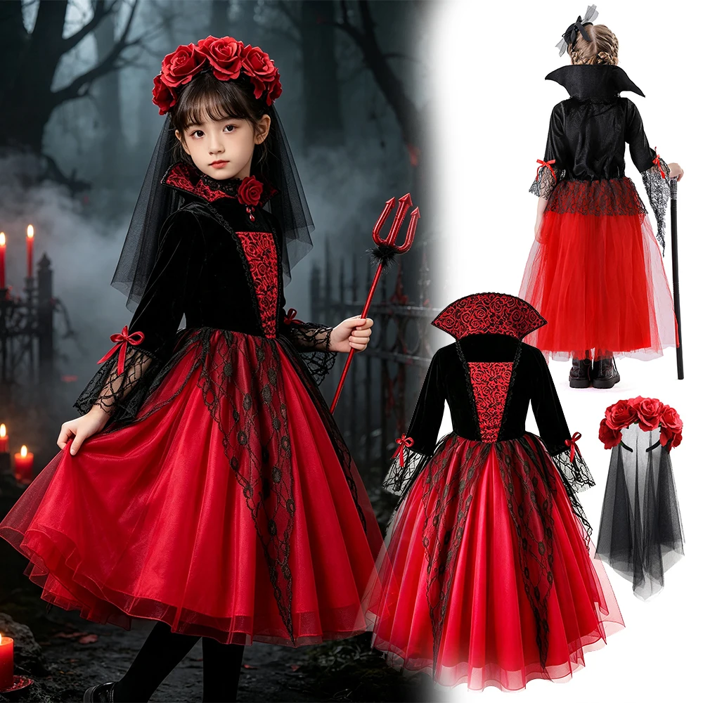 Girls Halloween Role Play Fancy Dress Kids Gothic Red Black Cosplay Costume with Gloves Stockings for Carnival Birthday Party