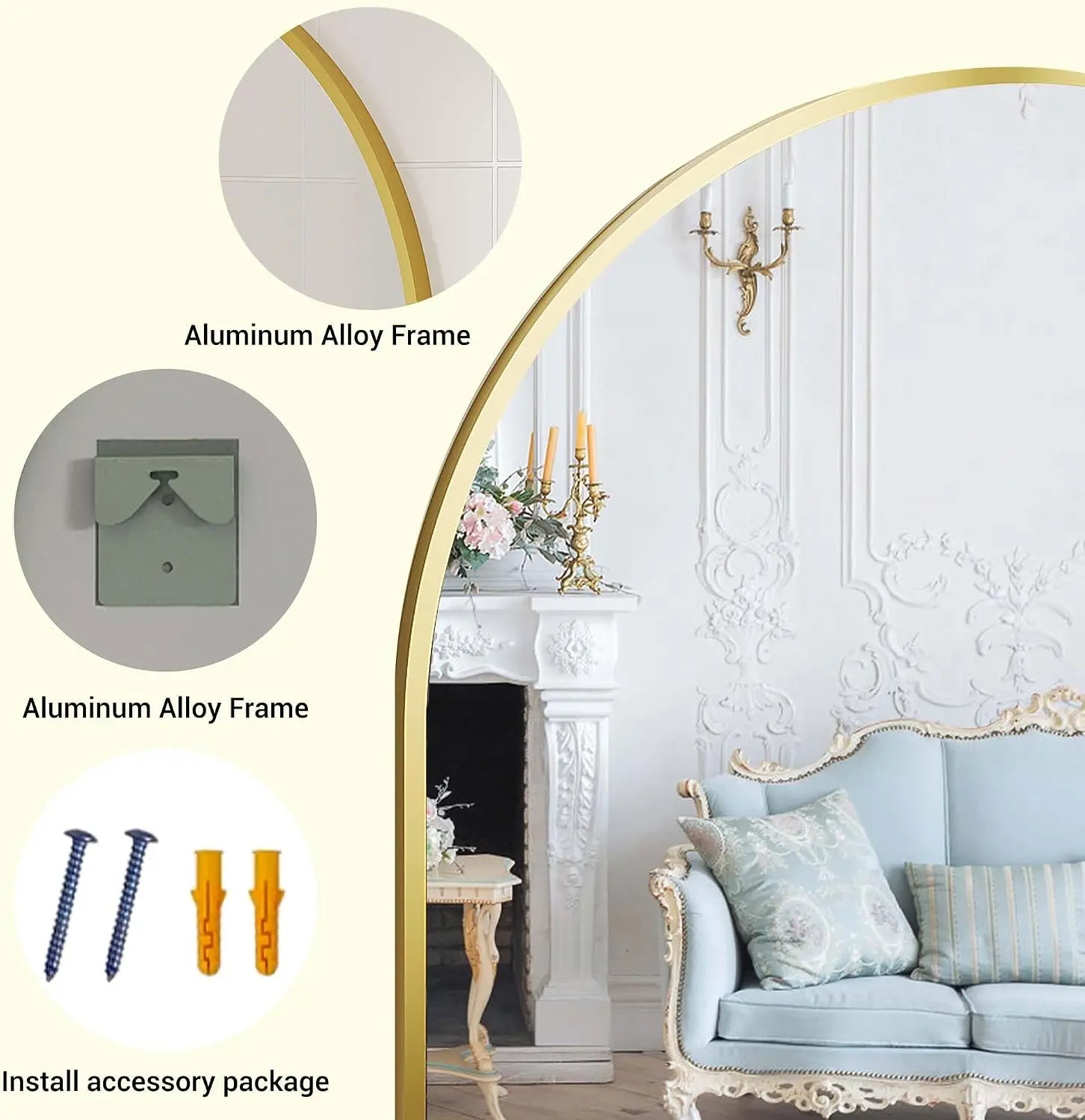 Modern Arched Wall Mirror with Tempered Glass, Aluminum Alloy Frame, Tempered Explosion-Proof Glass, Arched Design, Wall-Mount or Leaning, For Bathroom Gym Entryway