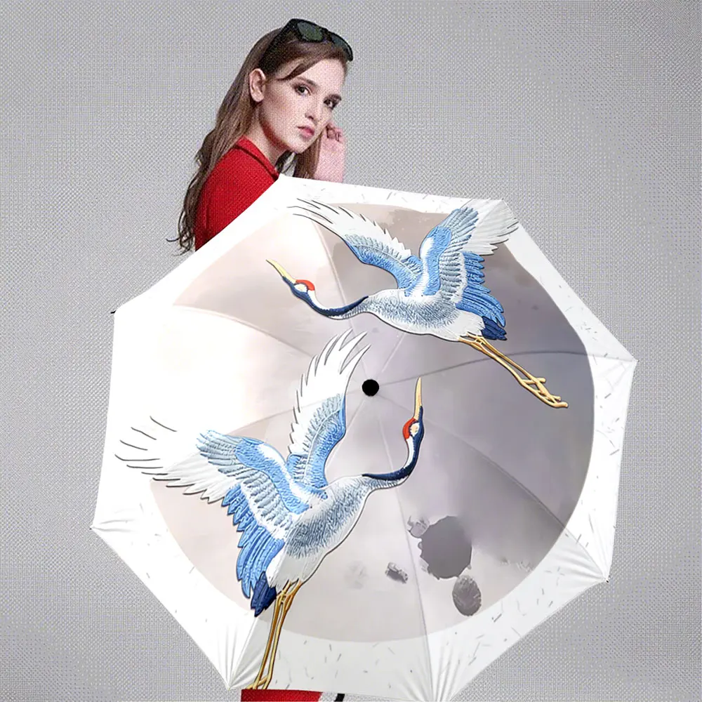 Blue and White Cranes with Elegant Cloudy Background Portable Folding Umbrella, Gift for Family And Friends
