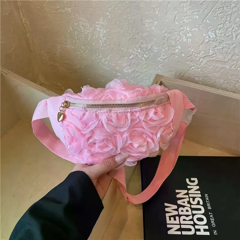 Creamy White Fanny Pack 3D Chiffon Flower Design Gold Zipper For Party Travel Shopping Daily Use