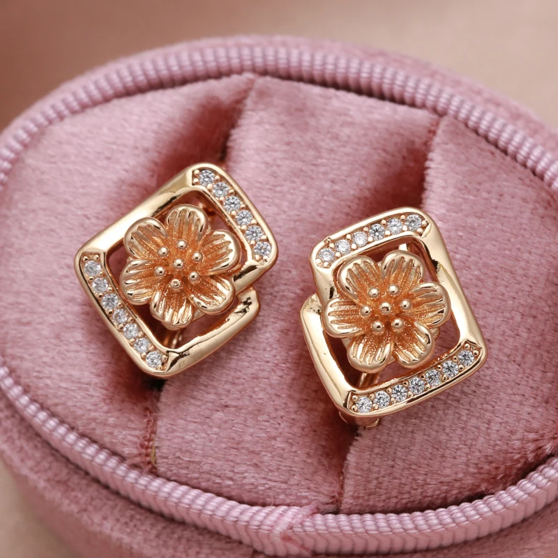 

Elegant Geometric Rectangle Hollow Flower 585 Gold Earrings for Women Fashion Bling Folding Jewelry Vintage Wedding Earrings
