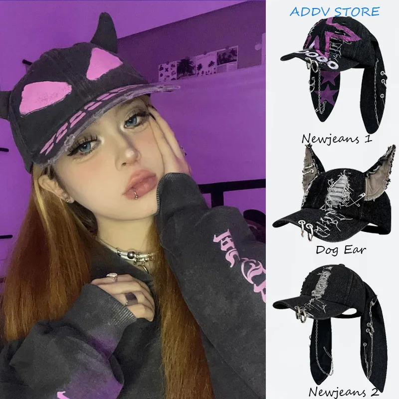 

Y2k Little Devil Horn Rabbit Ear Hand-painted Hole Baseball Hat Street Trend Men Women Personality Adjustable Casual Kpop Gorro