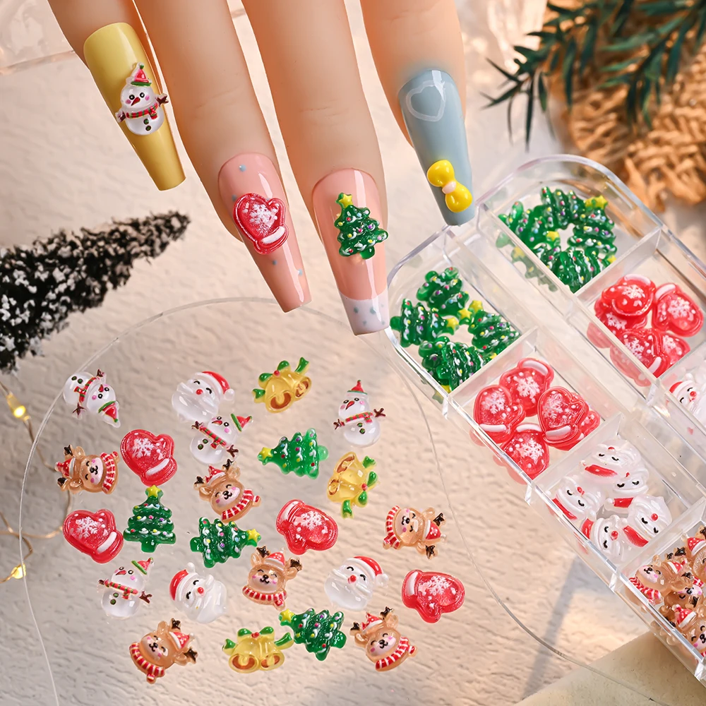 ชุดตกแต่งเล็บเรซิ่นลายคริสต์มาส 60 ชิ้น/กล่อง ลายต่างๆ น่ารัก ตุ๊กตาหิมะ กวางเรนเดียร์ ซานตาคลอส ประดับเล็บ งานฝีมือทำเล็บสำหรับเทศกาลฤดูหนาว
