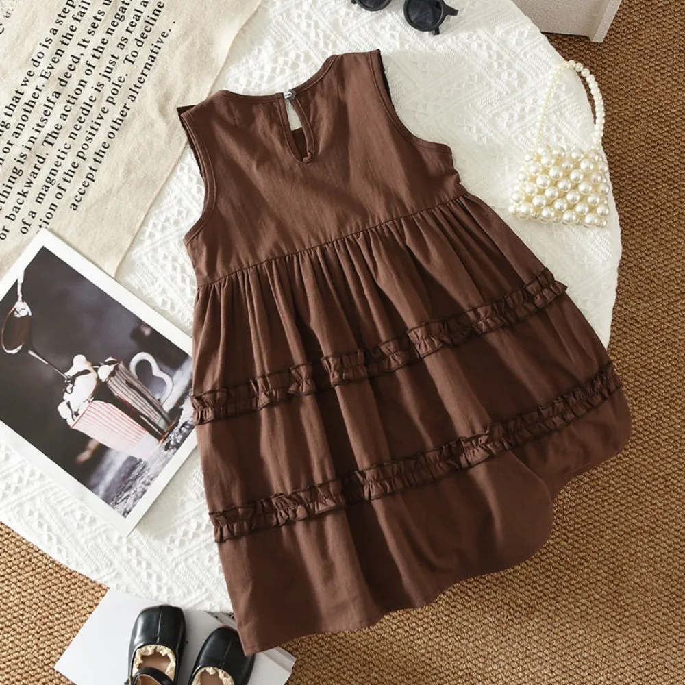 Summer New Sweet and Cute Girl Casual Clothes Sleeveless Pleated Vest Dress for 3-7 Years Old