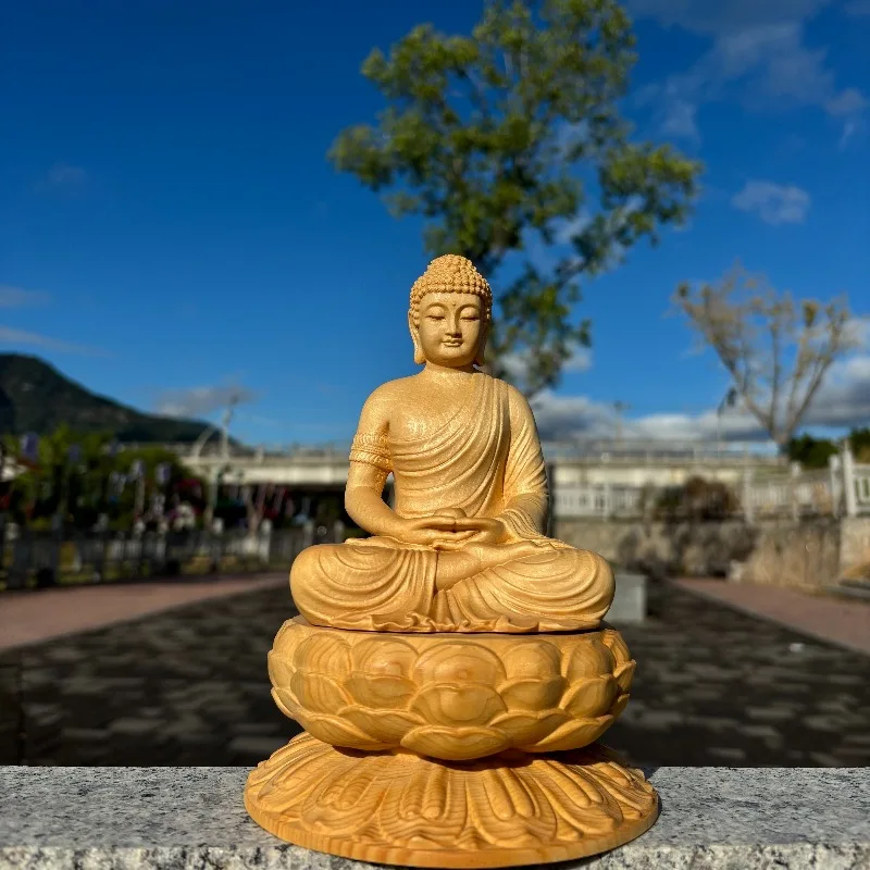 Hand-Carved Hinoki Wood Shakyamuni Buddha Statue - 7.7
