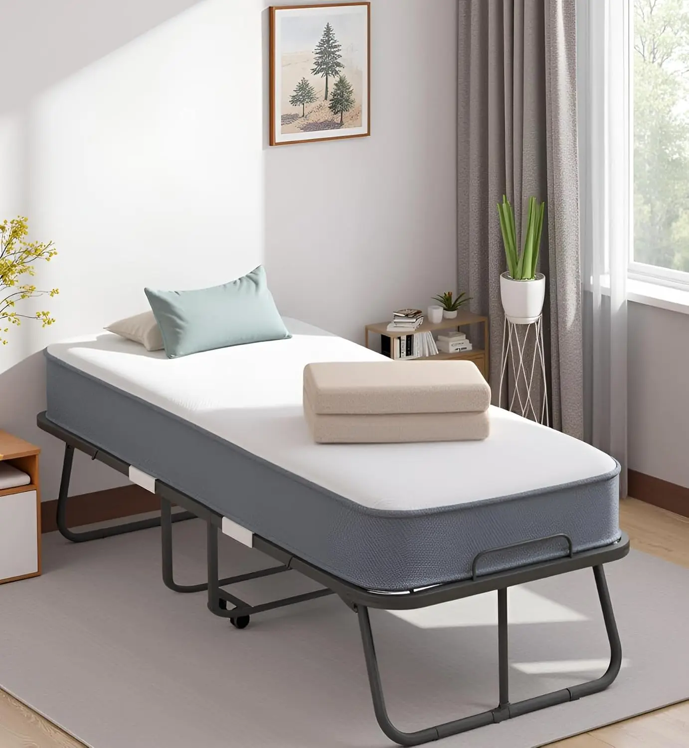 new Folding Bed with Mattress for Adults, Rollaway Bed with 5 Inch Memory Foam, Space Saving Portable Bed with Lockable, Customi