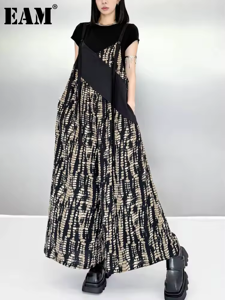 EAM High Waist Black Printed Color-block Big Size Overalls Pants New Trousers Women Fashion Tide Spring Summer 2026 1DH6497
