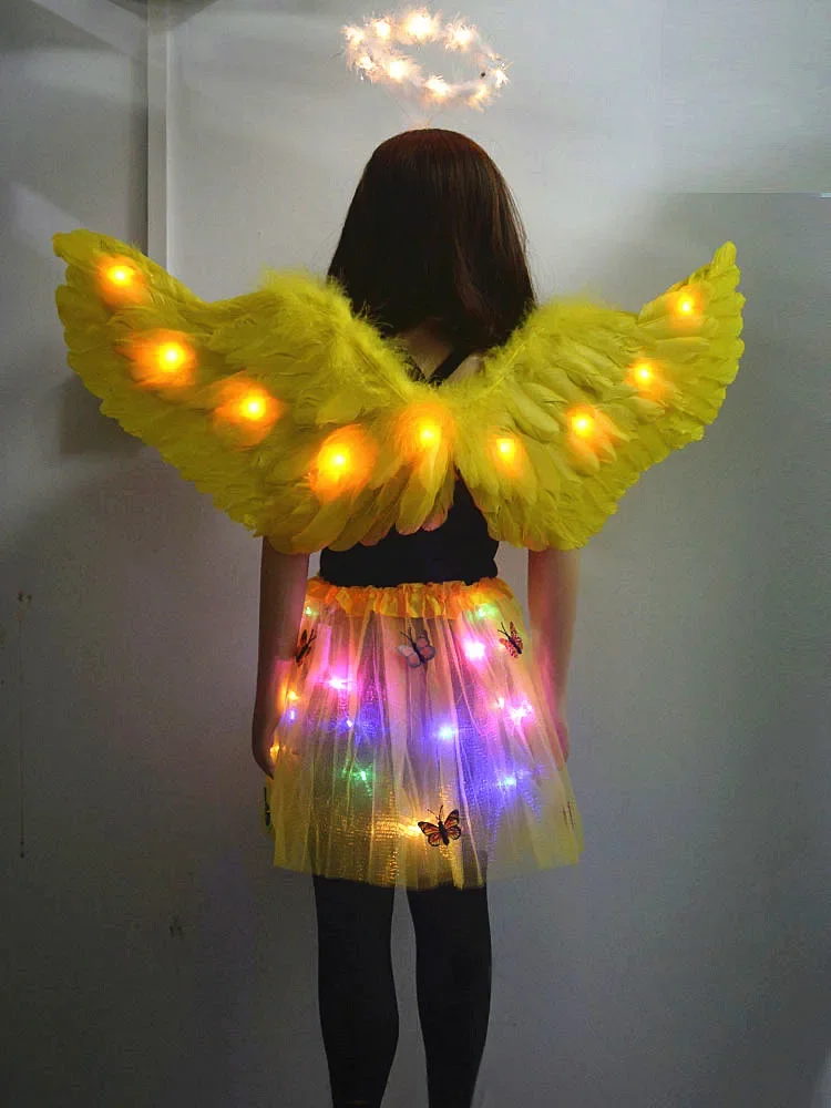 Adult Kids Luminous Angel Costume LED Light Feather Wing Halo Ring Crown Butterfly Skirt Glow Birthday Party Wedding Christmas