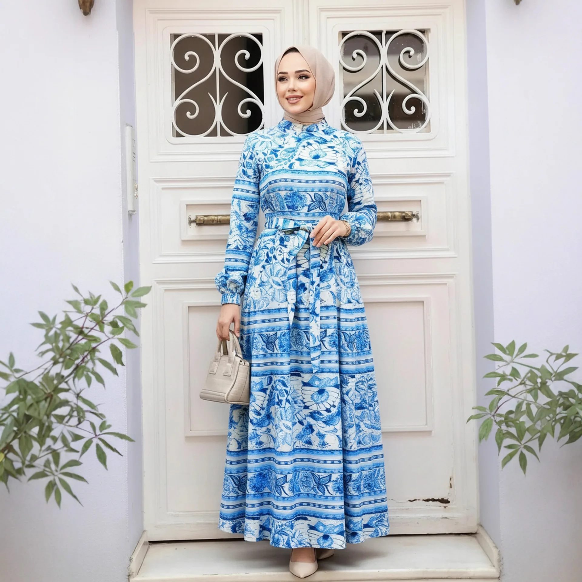 Eid Women Long Dress Muslim Abayas Print Dresses Sashes Jalabiya Ramadan Islam Morocco Dubai Party Kaftan Arab Robe Vestidos 2