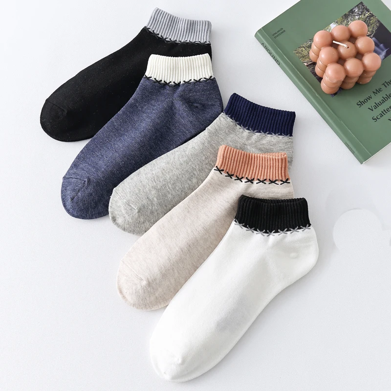 5 Pairs Pack Men's Cotton Socks Fashionable Color Contrast Socks Breathable Sweat Absorbing Comfortable Ankle Socks Man 38-45