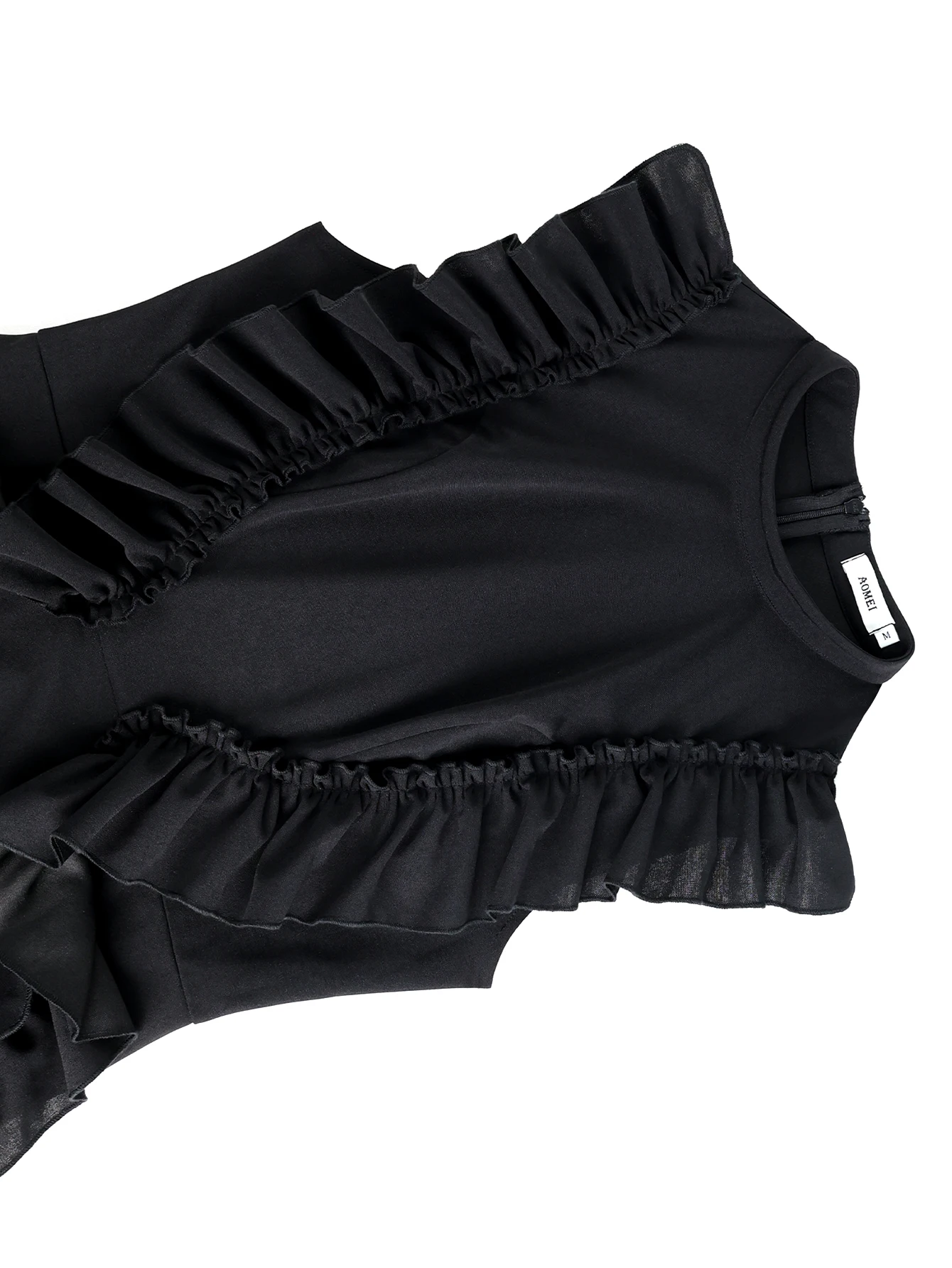 Preto bodycon midi vestidos para mulheres o pescoço sem mangas em camadas babados cintura alta bainha moda chique magro festa clube vestidos