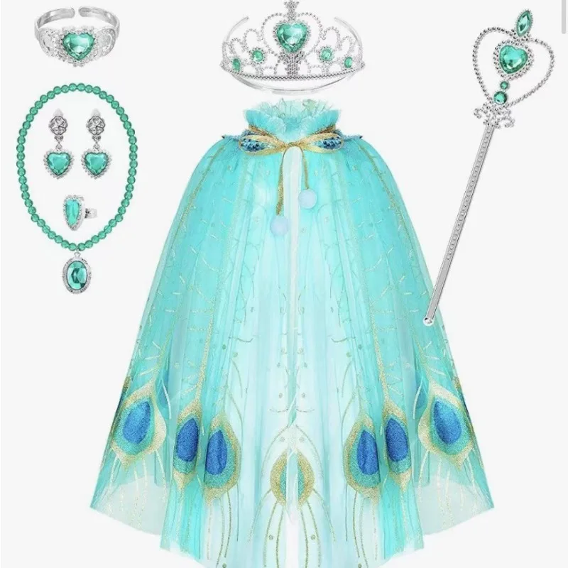 Children Glittering Peacock Princess Style Cloak With Accessory for Girls Halloween Party Showstopper Exquisitely Beautiful Wear