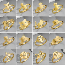Gold Color Minimalist Stainless Steel Ring for Women Cute Cat Dog Animal Adjustable Finger Rings Footprint Knuckle Jewelry Girls