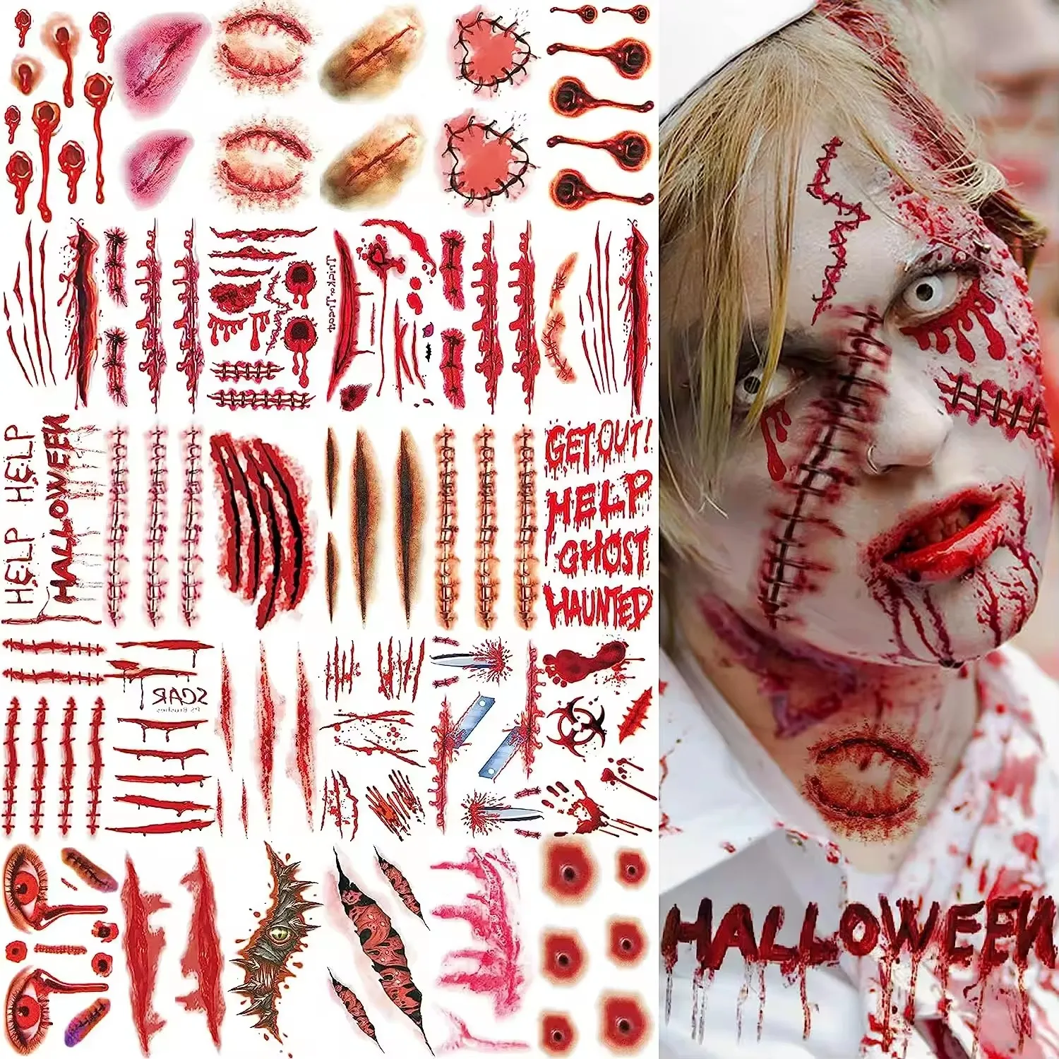 Horror Realistic Fake Bloody Wound Stitch Scar Scab Waterproof Temporary Tattoo Sticker Halloween Masquerade Prank Makeup Props