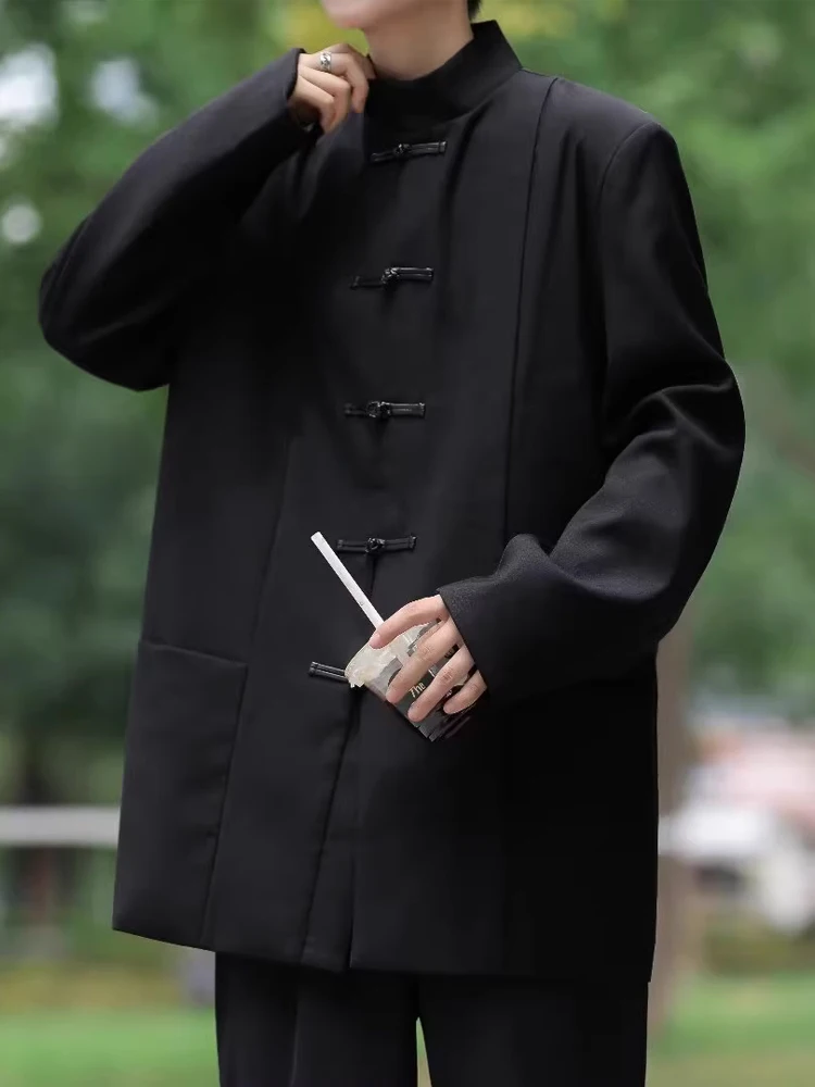 

New Chinese Sle Men's Suit Jaet with Button Design Trendy High-End Feeling Zhongan Tang Costume Western Sle Jaet