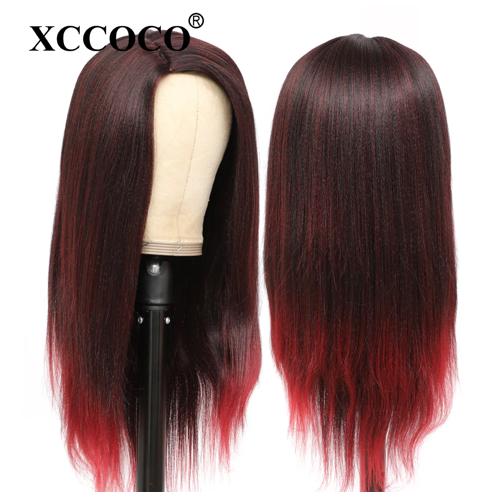 Yaki Straight Synthetic Wigs For Black Women Ombre Red 180% Density Afro Kinky Straight Side Part Synthetic Wigs Daily Wigs