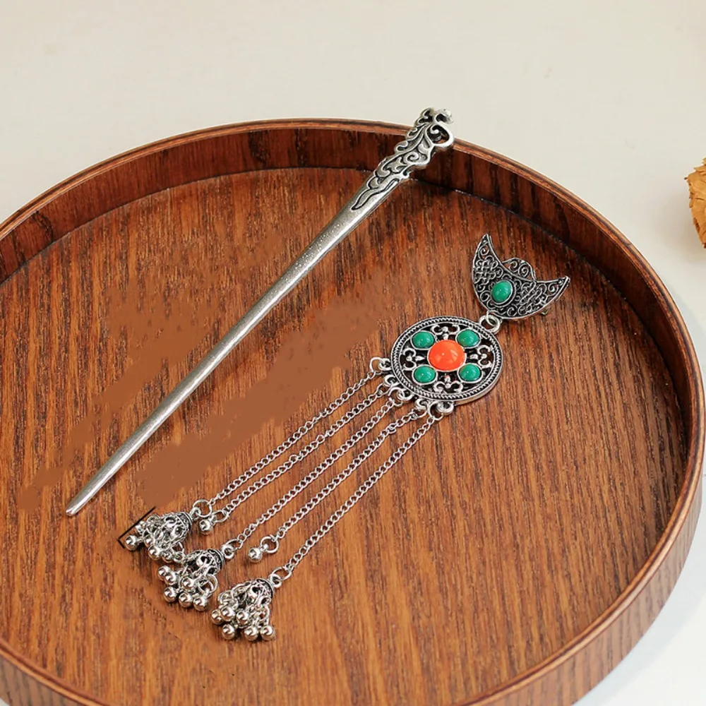 

Древняя форма полумесяца, заколка для волос с кисточкой, металлическая, серебряная, палочка для волос в этническом стиле, аксессуары для волос в китайском стиле, вилка для волос ханьфу для девочек