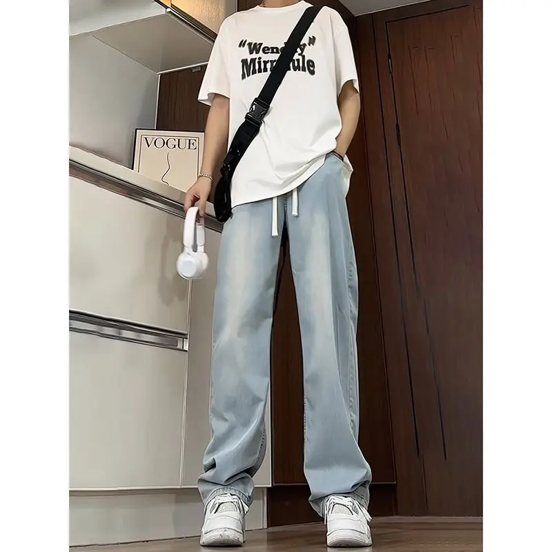 

Мужские летние тонкие светло-голубые джинсовые брюки из ледяного шелка, широкие, свободные, с высокой талией, стройнящие, в американском стиле, повседневные, длинные