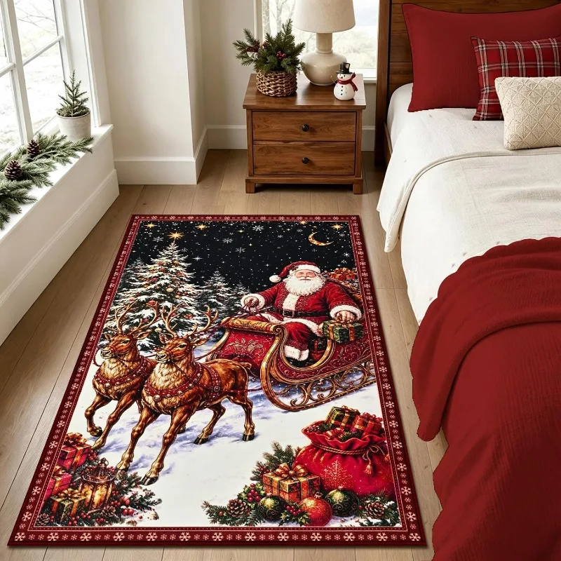 Christmas Living Room Carpet Vintage Santa Sleigh Reindeer Bedroom Bedside Rug Festive Decor Non-Slip Sofa Coffee Table Mats