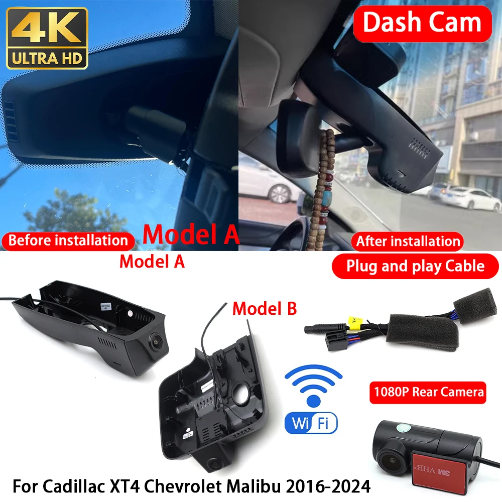 Cámara para Auto 4K con Wifi, Plug & Play, Grabación en Bucle, para Cadillac XT4 y Chevrolet Malibu 2016-2024, Grabación Delantera y Trasera