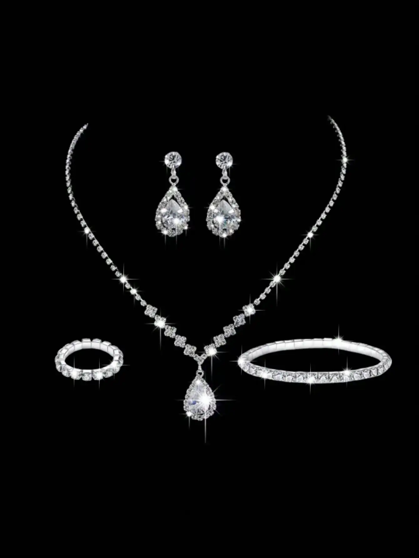 

5-Piece Sparkling Rhinestone Jewelry Set with Teardrop Pendant Necklace, Earrings, Ring & Bracelet for Bridal Wedding