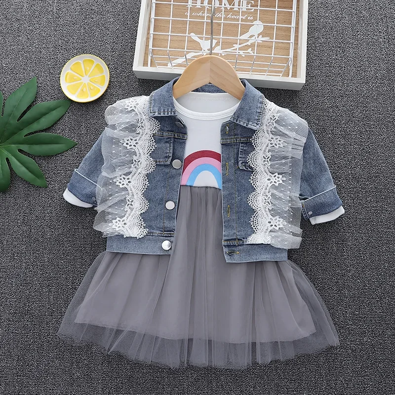 Fashion 0-4yrs Baby dress for girl denim jacket + gauze dress spring autumn fashionable fluffy princess dress