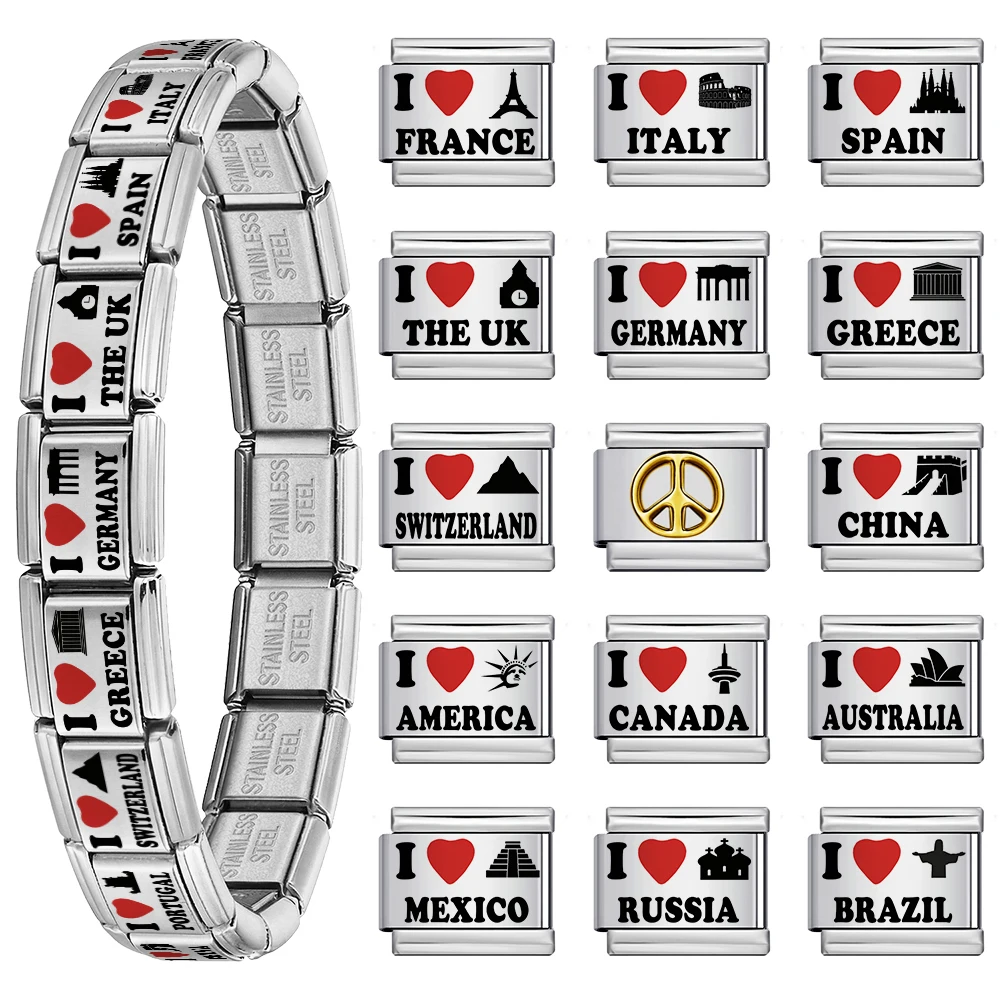 Graviertes Rotes Herz Laser Weltreise Italienischer Charm-Anhänger DIY-Perlen Passend für 9mm Edelstahl-Armband Damen Herren Schmuck – Detail 1
